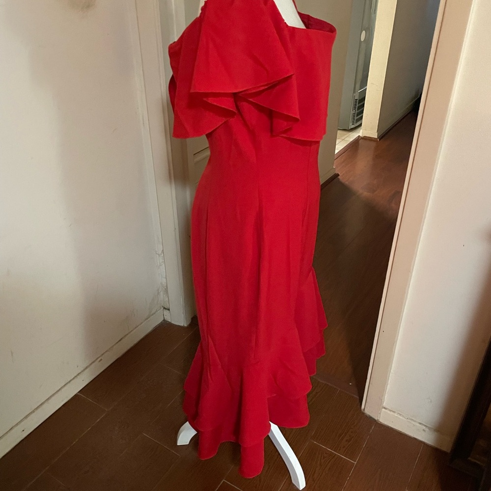 Boston Proper Red Midi Dress Size 12 on off shoulder ruffles spandex stretch - Picture 6 of 16